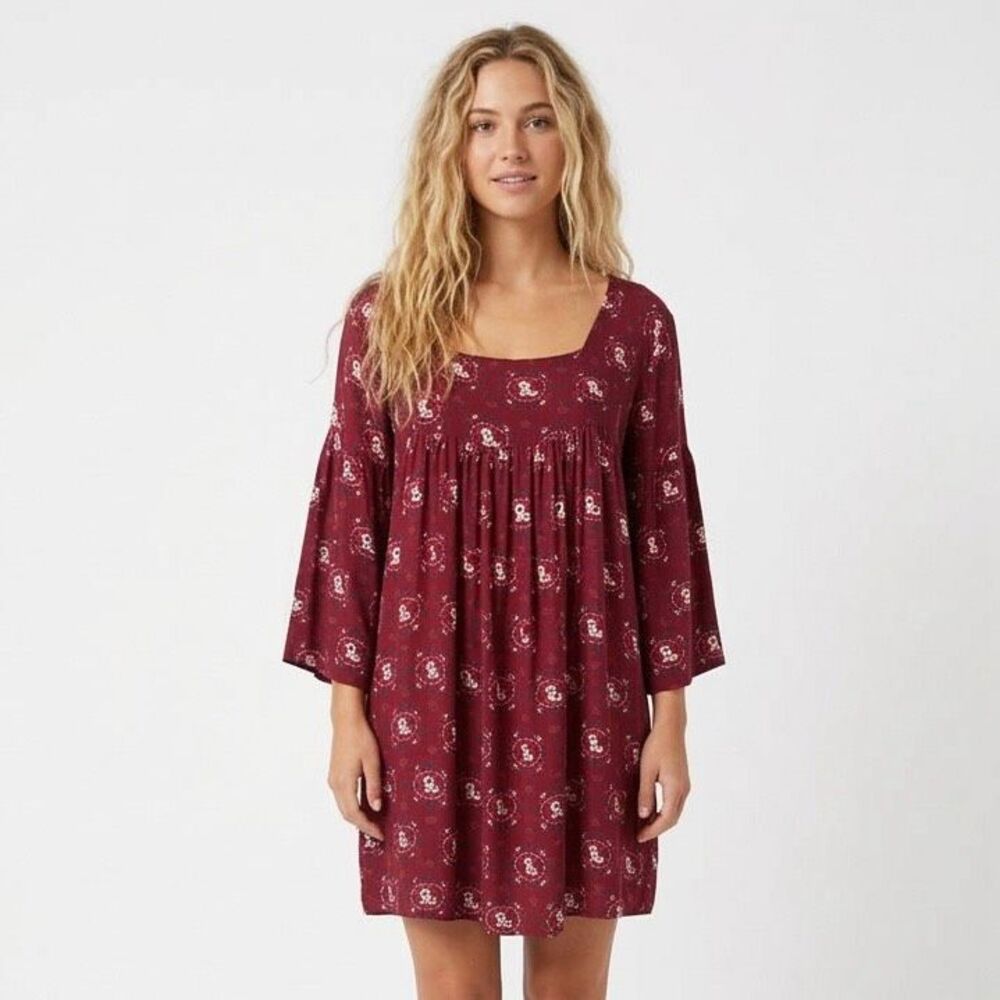 Natural Life Red Floral Boho Long Bell Sleeve Flowy Tunic Mini Dress Large